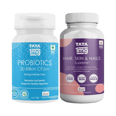 Combo Pack of Tata 1mg Hair, Skin & Nails Supreme Capsule & Probiotics 30 Billion CFUs+ Capsule (60 Each)