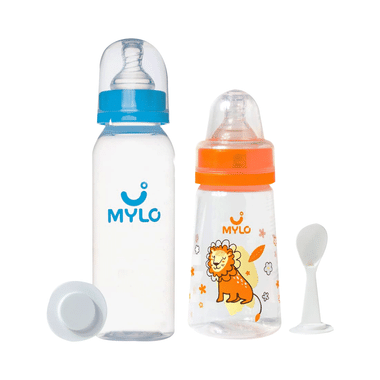 Mylo 2 In 1 BPA Free With Anti-Colic Nipple & Spoon Baby Feeding Bottle (125ml & 250 Ml) Lion & Sky Blue