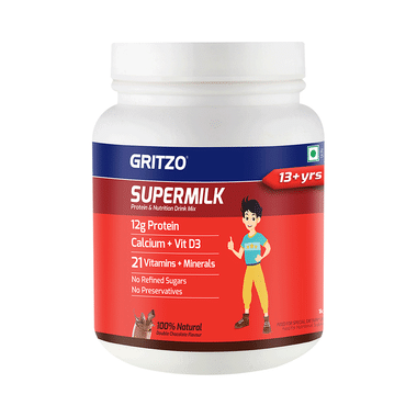 Gritzo SuperMilk For Active Kids, Protein Powder For Kids, High Protein (6 G), DHA, Calcium + D3, 21 Nutrients, No Refined Sugar, 100% Natural Double Chocolate Flavour