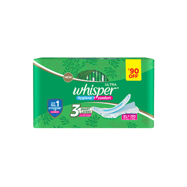 Whisper Ultra Clean Hygiene Comfort Sanitary Pads | Size XL+ 3 Smart Layers With Soft Wings