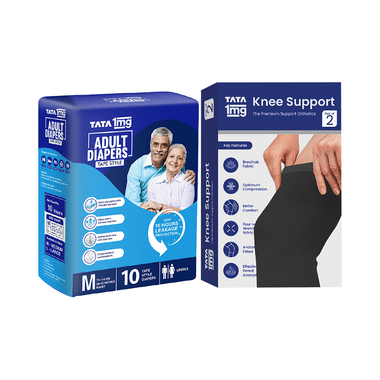 Combo Pack Of Tata 1mg Adult Diaper Tape Style Medium (10) & Tata 1mg Knee Cap Black XL