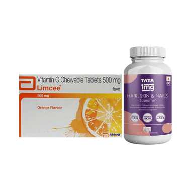Combo Pack of Limcee Chewable Tablet Orange (15) & Tata 1mg Hair, Skin & Nails Supreme Biotin Capsule (60)