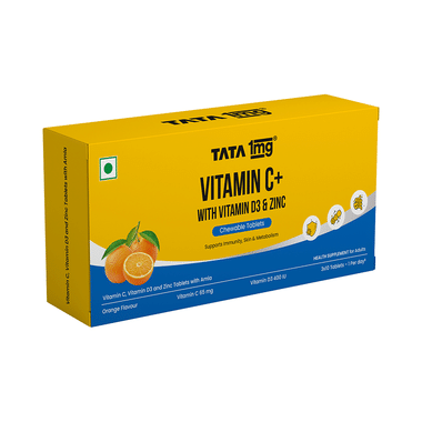 Tata 1mg Vitamin C + with Vitamin D3, Zinc and Amla Extract Chewable Tablet | Supports Immunity | Vitamins & Mineral Supplement