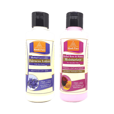 Khadi Pure Combo Pack of Herbal Lavender Fairness Lotion & Herbal Rose & Honey Moisturizer SLS Free & Paraben Free (210ml Each)