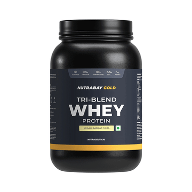 Nutrabay Gold Tri-Blend Whey Protein For Muscle Recovery & Immunity | No Added Sugar | Flavour Powder Kesar Badam Pista