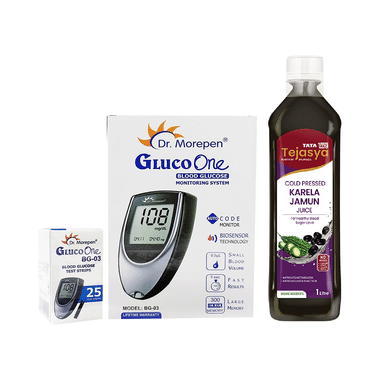 Combo Pack of Dr Morepen BG 03 Gluco One Glucose Monitoring System Glucometer with Gluco One BG 03 Blood Glucose 25 Test Strip & Tata 1mg Tejasya Karela Jamun Juice (1Ltr)