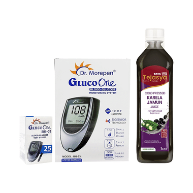 Combo Pack Of Dr Morepen BG 03 Gluco One Glucose Monitoring System Glucometer With Gluco One BG 03 Blood Glucose 25 Test Strip & Tata 1mg Tejasya Karela Jamun Juice (1Ltr)