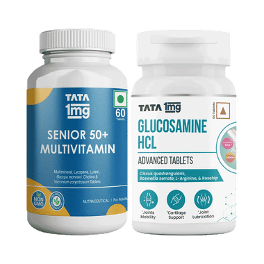 Combo Pack of Tata 1mg Senior 50+ Multivitamin & Multimineral Veg Tablet (60) & Tata 1mg Glucosamine HCL 1500 mg Tablet (60)