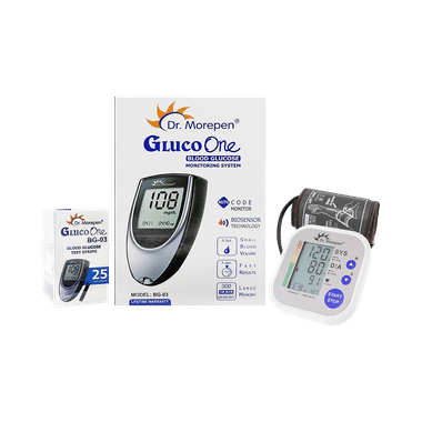 Combo Pack Of Dr Morepen BG 03 Gluco One Glucose Monitoring System With 25 Test Strip & Dr Morepen BP 02 Blood Pressure Monitor