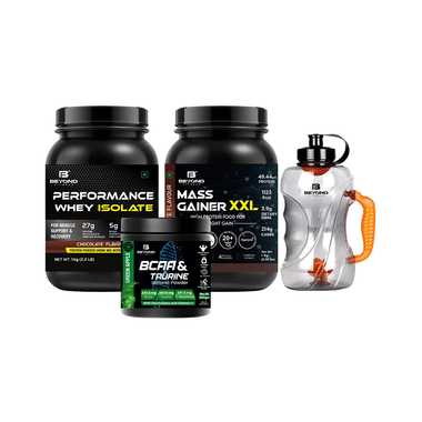 Beyond Fitness Combo Pack Of Mass Gainer XXL Powder (1kg), Performance Whey Isolate Protein Powder (1kg), BCAA & Taurine Isotonic Powder (500gm) & Gallon Shaker 1.5 Litre