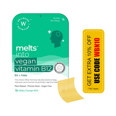 Wellbeing Nutrition Melts Into Vegan Vitamin B12 + Folate | Oral Thin Strip for Energy, Brain & Nerve Function | Sugar-Free | Flavour Misty Orange Mint