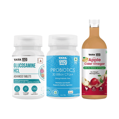 Combo Pack of Tata 1mg Glucosamine HCL Advanced Tablet (60), Organic Apple Cider Vinegar (500ml) and Probiotics 30 Billion CFUs+ Capsule (60)