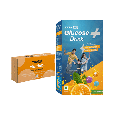 Combo Pack of Tata 1mg Vitamin C with Vitamin D3, Zinc and Amla Extract Chewable Veg Tablet (30) & Tata 1mg Glucose + Drink for Instant Energy Orange (500gm)