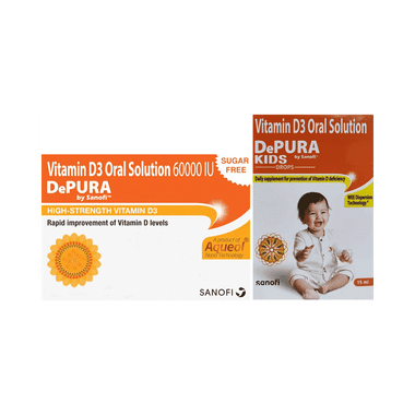 Combo Pack of Depura 60000 IU Vitamin D3 Oral Solution Sugar Free (5ml) & Depura Kids Nano Drop (15ml)