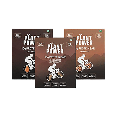 Plant Power 10gm Protein Bar (50gm Each) Variety Pack - Sweet Nut, Choco Nutty,Peanut Butter & Chocolate