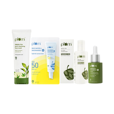 Plum Combo pack of Green Tea Alcohol-Free Toner (200ml), Green Tea Pore Cleansing Face Wash (100ml), Green Tree Oil-Free Moisturiser | Fragrance-Free (50ml), Green Tea & Zinc Complex 3% Serum (30ml) & 2% Niacinamide and Rice Water Hybrid Face Sunscreen SPF 50 PA+++ (50gm)