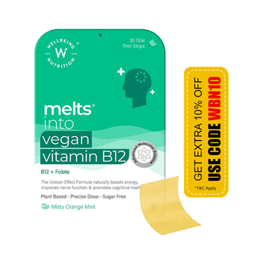 Wellbeing Nutrition Melts Into Vegan Vitamin B12 + Folate | Oral Thin Strip for Energy, Brain & Nerve Function | Sugar-Free | Flavour Misty Orange Mint