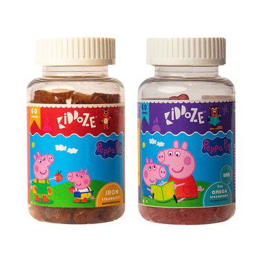 Kiddoze Combo Pack Of Omega & DHA & Iron Strawberry Gummies (60 Each)