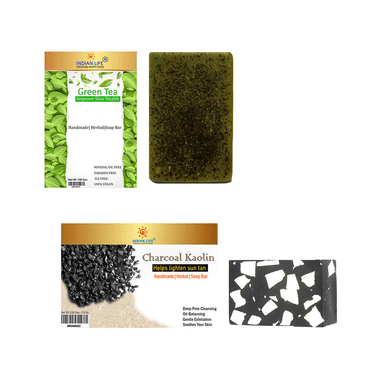 Indian Life Combo Pack Of Green Tea Handmade Soap Bar And Charcoal Kaolin Handmade Soap Bar (100gm Each)