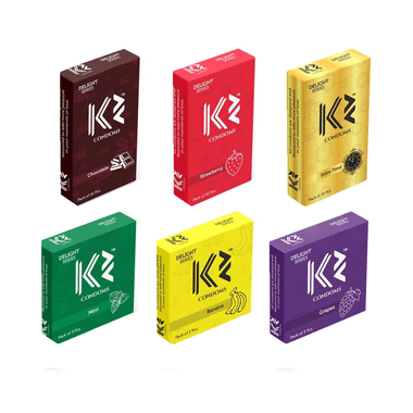 K2 Combo Pack Of Dotted Condom Chocolate,Strawberry,Extra Time(10Pc Each) Mint,Banana,Grapes(3pc Each)