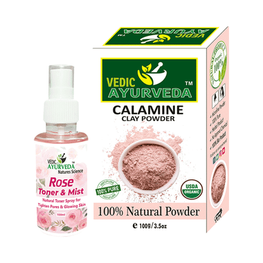 Vedic Ayurveda Combo Pack Of Calamine Clay Powder (100gm) & Rose Toner & Mist (100ml)