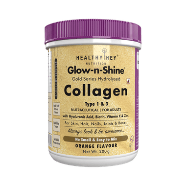 Healthy Hey Nutrition Glow-N-Shine Gold Series Hydrolysed Collagen Type 1 & 3 For Skin, Hair, Nails, Bones & Joints | For Adults | Flavour Orange