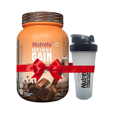 Patanjali Nutrela Weight Gain Supplement With Glutamine, Protein & Permitted Botanical Extracts Powder Chocolate With Free Shaker