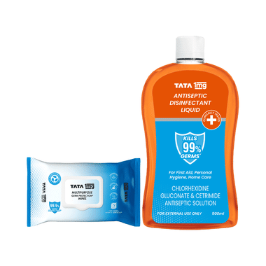 Combo Pack of Tata 1mg Antiseptic Liquid (500ml) & Tata 1mg Multipurpose Germ Protection Wipes (72)