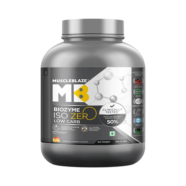 MuscleBlaze Biozyme Iso Zero Low Carb | Improves Protein Absorption By 50% | Flavour Powder Tropical Mango