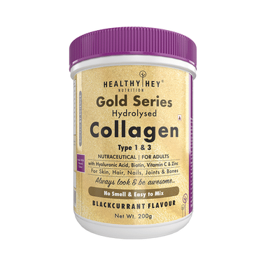 HealthyHey Nutrition Gold Series Hydrolysed Collagen Type 1 & 3 for Skin, Hair, Nails, Bones & Joints | For Adults | Flavour Blackcurrant