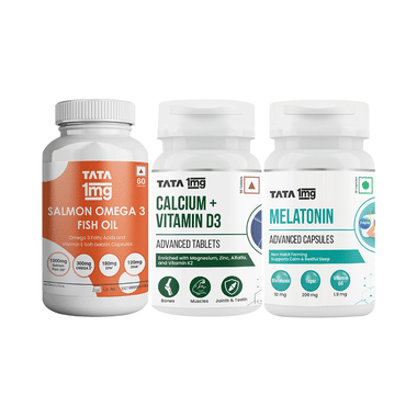 Combo Pack of Tata 1mg Calcium + Vitamin D3 Advanced Tablet (60), Tata 1mg Melatonin Advanced Capsule (30) and Salmon Omega 3 Fish Oil Capsule (60)