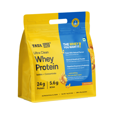 Ultra Clean Whey Protein Powder | 24g Protein, 5.6g BCAAs Per Serve | 1kg Pack | By Tata 1mg | Natural Mango