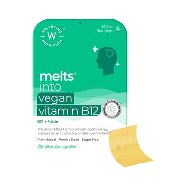 Wellbeing Nutrition Melts Into Vegan Vitamin B12 + Folate | Oral Thin Strip For Energy, Brain & Nerve Function | Sugar-Free | Flavour Misty Orange Mint