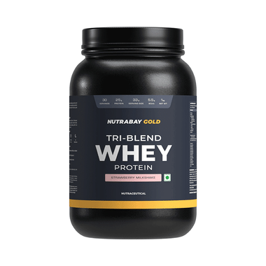 Nutrabay Gold Tri-Blend Whey Protein For Muscle Recovery & Immunity | No Added Sugar | Flavour Strawberry Milkshake