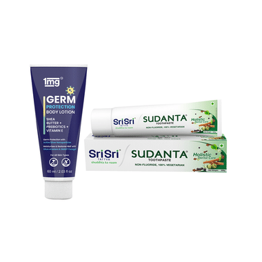 Combo Pack of Sri Sri Tattva Sudanta Toothpaste 200gm & 1mg Body Lotion with Shea Butter, Vitamin E, Prebiotics and Active Silver Nanoparticles for Germ Protection 60ml