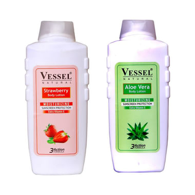 Vessel Combo Pack Of Natural Moisturizing Body Lotion With Sunscreen Protection Strawberry And Aloe Vera (650ml Each)