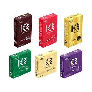 K2 Combo Pack Of Dotted Condom Chocolate,Strawberry,Extra Time(10Pc Each) Mint,Vanilla,Grapes(3pc Each)