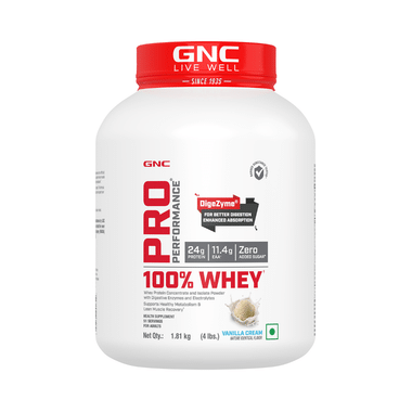 GNC Pro Performance 100% Whey Protein |  With Digestive Enzymes & Electrolytes | For Metabolism & Lean Muscles Recovery | Flavour Powder Vanilla Cream