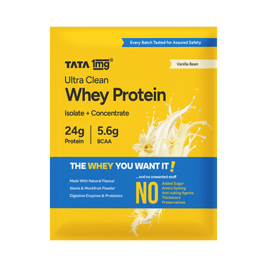 Ultra Clean Whey Protein Isolate + Concentrate | 24g Protein, 5.6g BCAAs Per Serve | By Tata 1mg | Vanilla Bean No Added Sugar