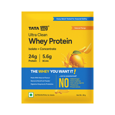Ultra Clean Whey Protein Isolate + Concentrate | 24g Protein, 5.6g BCAAs Per Serve | By Tata 1mg | Natural Mango No Added Sugar