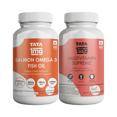 Combo Pack of Tata 1mg Multivitamin Supreme Capsule & Salmon Omega 3 Fish Oil Capsule (60 Each)