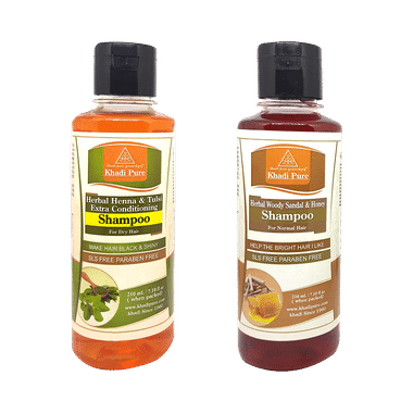 Khadi Pure Combo Pack of Herbal Heena & Tulsi Extra Conditioning Shampoo & Herbal Woody Sandal & Honey Shampoo SLS & Paraben Free (210ml Each)