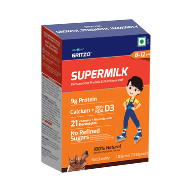 Gritzo Super Milk Protein & Nutritional Drink Sachet (33.33gm Each) Double Chocolate 8-12 Years