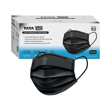 Tata 1mg 3 Ply Surgical Mask With Meltblown Filter And Nose Pin 50 Mask Black