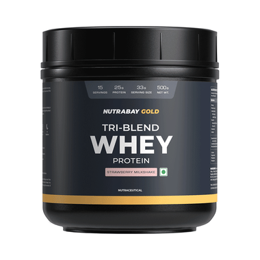 Nutrabay Gold Tri-Blend Whey Protein For Muscle Recovery & Immunity | No Added Sugar | Flavour Strawberry Milkshake