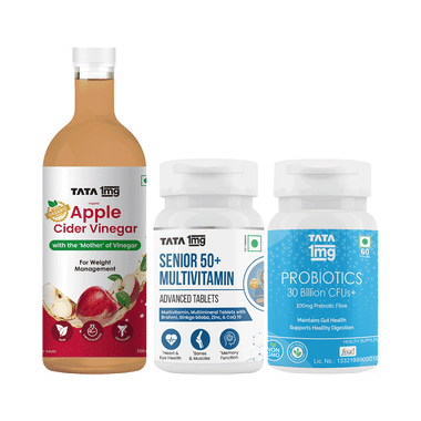 Combo Pack of Tata 1mg Senior 50+ Multivitamin & Multimineral  Advanced Tablet (60),Organic Apple Cider Vinegar (500ml) & Probiotics 30 Billion CFUs+ Capsule(60)