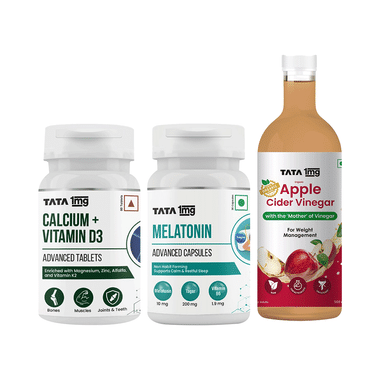 Combo Pack of Tata 1mg Calcium + Vitamin D3 Advanced Tablet (60), Melatonin Advanced Capsule (30) and Organic Apple Cider Vinegar (500ml)