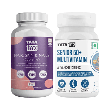 Combo Pack of Tata 1mg Senior 50+ Multivitamin Advanced Tablets & Hair, Skin & Nails Supreme Capsule (60 Each)