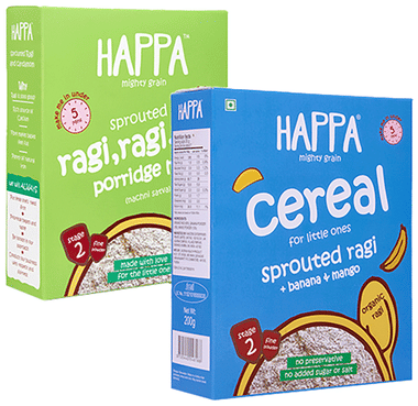 Happa Mighty Grain Combo Pack of Porridge Mix Sprouted Ragi and Sprouted Ragi, Banana+Mango Stage 2 (200gm Each) Happa Mighty Grain Combo Pack of Porridge Mix Sprouted Ragi and Sprouted Ragi, Banana+Mango Stage 2 (200gm Each)