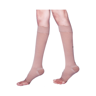 Sorgen Classique (Lycra) Class II Knee Length Medical Compression Stockings For Varicose Veins Large Beige